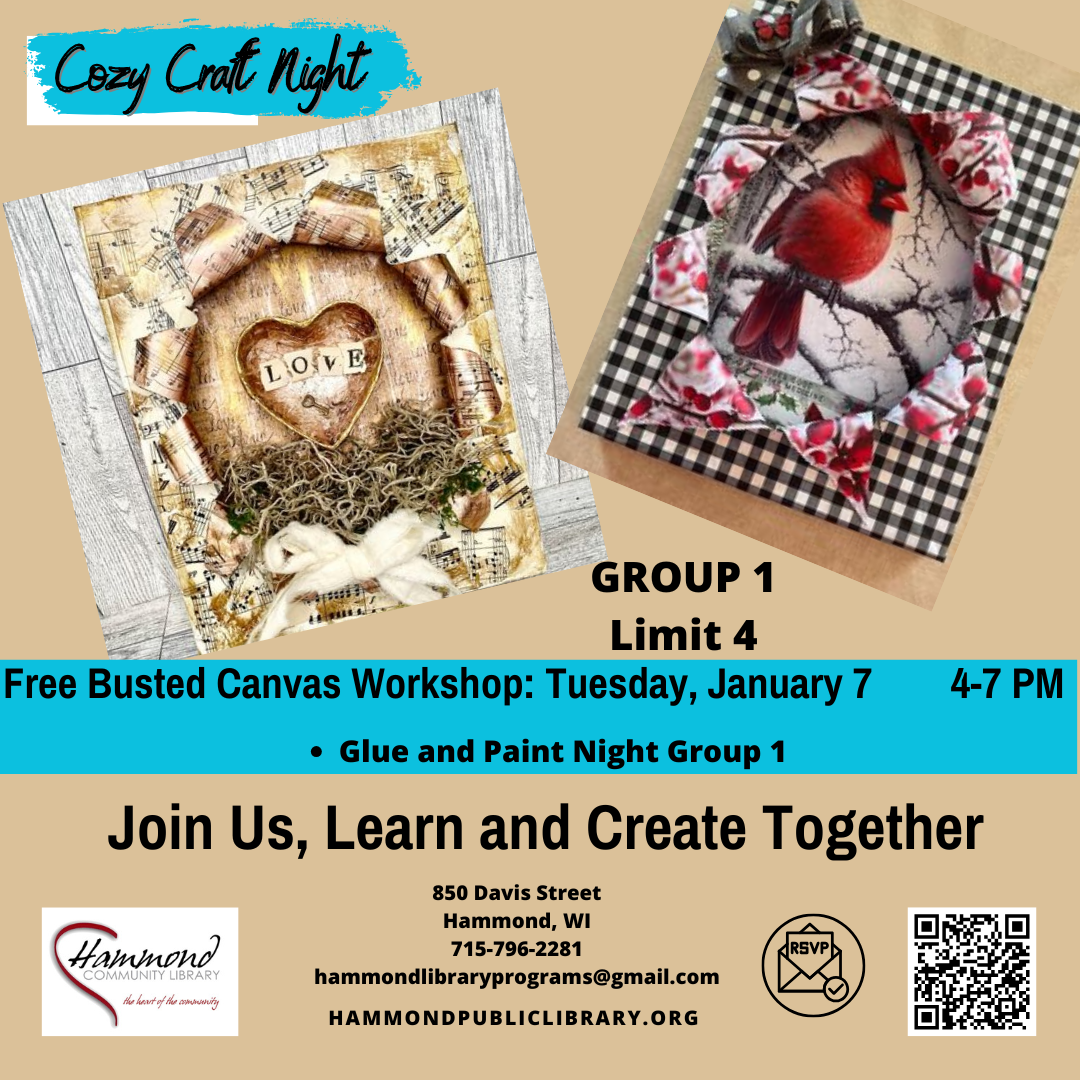 Busted Canvas Art Nights.  Tuesday, January 7, 14, 21, and 28.  Limited Space, Registration required. 