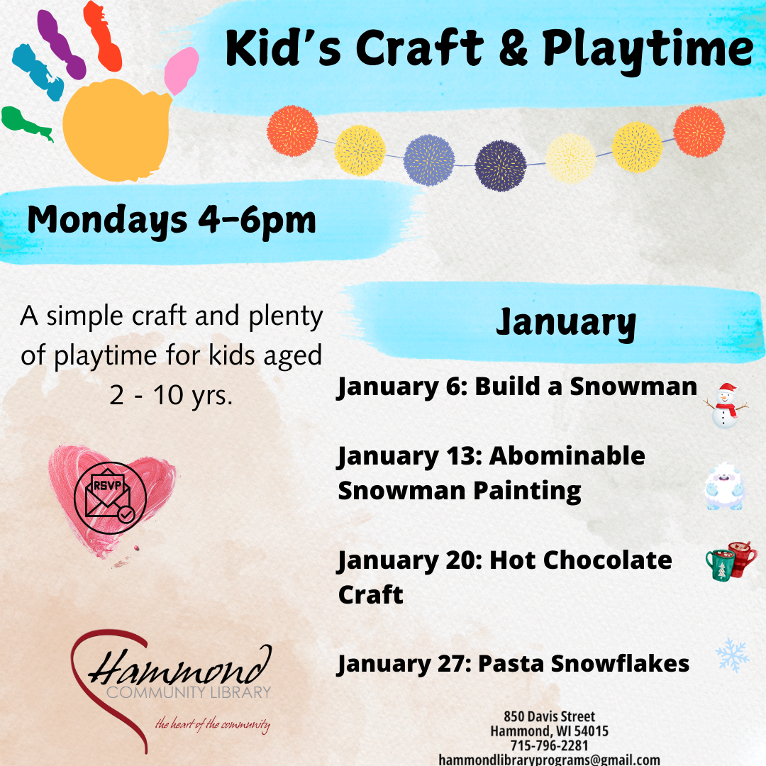 Kid's Craft and Playtime Monday's 4-6 PM