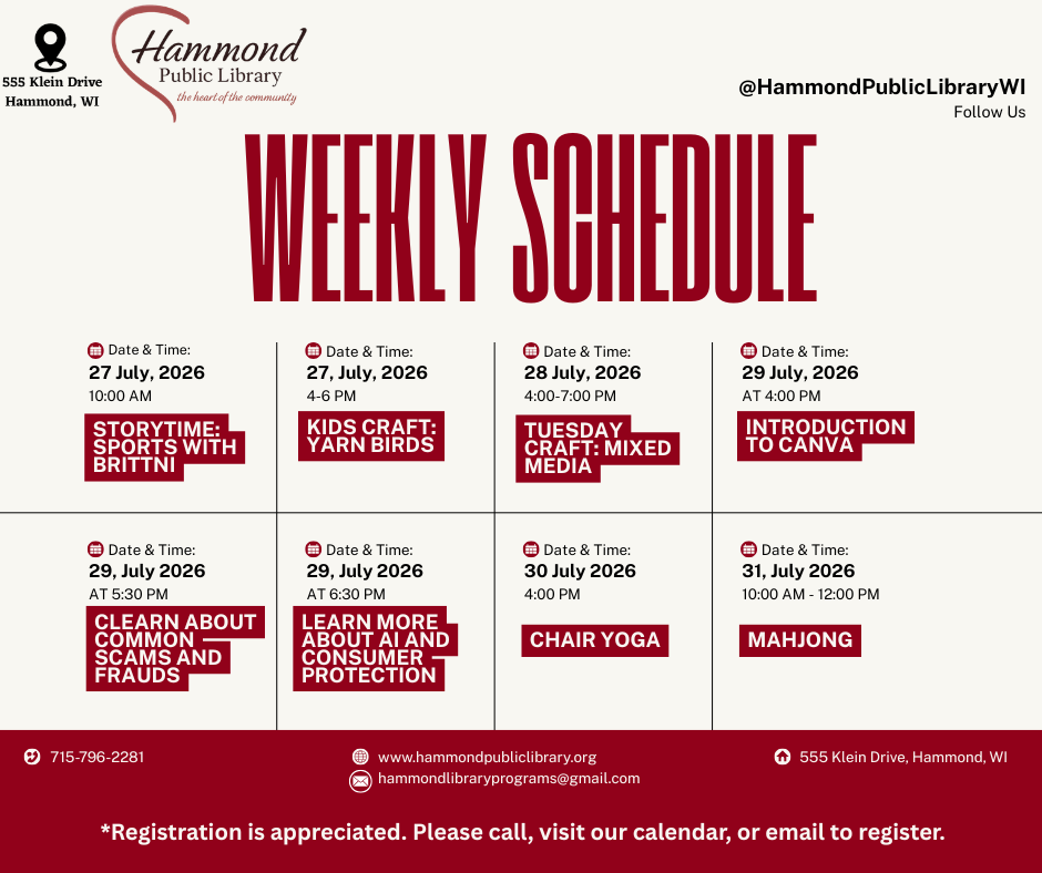 Weekly Schedule for July 27-31